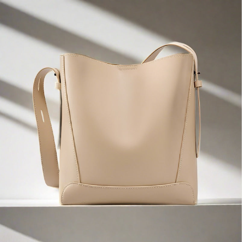 beige genuine leather bucket shoulder or crossbody bag