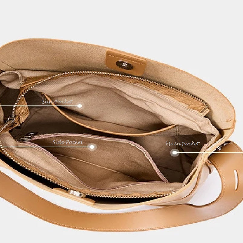 Internal compartment beige genuine leather bucket shoulder or crossbody bag