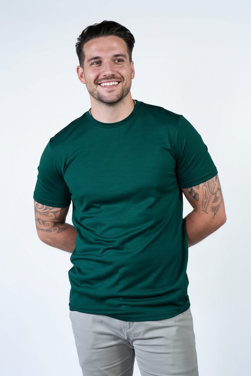 Men's Crew Short Sleeve T-shirt - 100% Merino Wool, Pine Green - Sav's Store