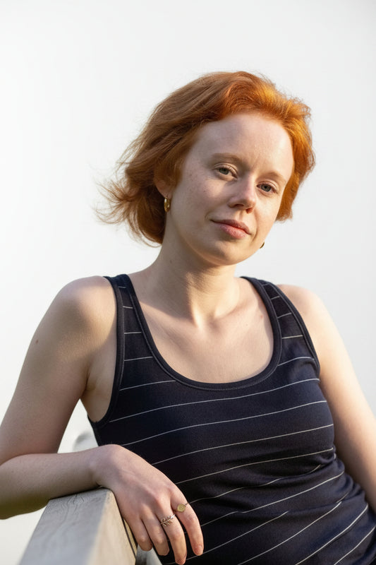 Women's Scoop Neck Tank Top - 100% Merino Wool, Navy Stripe - Sav's Store